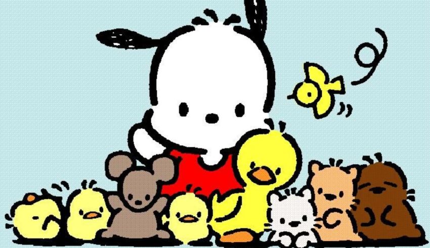 A cartoon dog with a group of small animals.