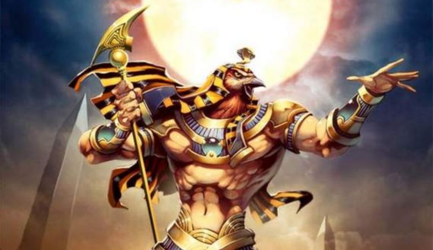 The egyptian pharaoh holding a scepter in front of the moon.