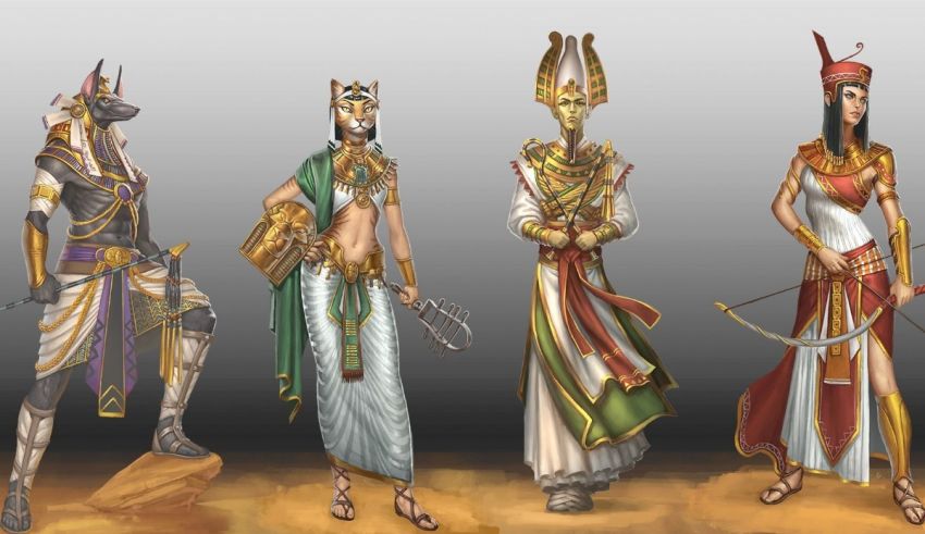 Four egyptian women dressed in different costumes.