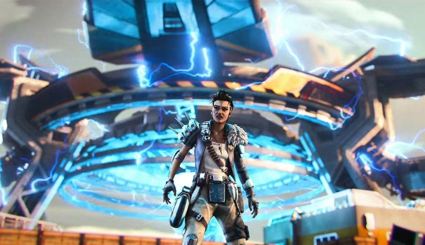 A video game character standing in front of a large building.