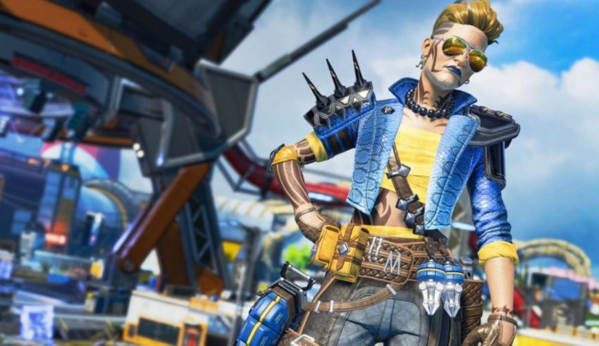 A character in apex legends is standing in front of a city.