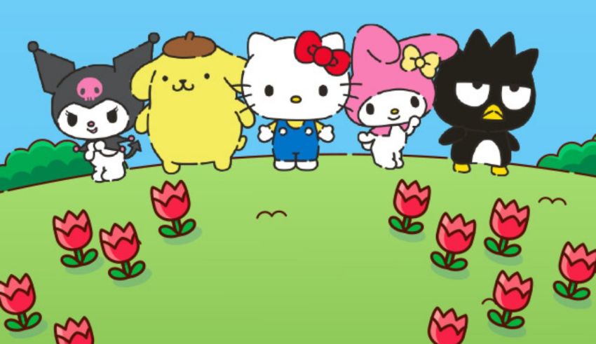 Hello kitty characters standing in a field with tulips.