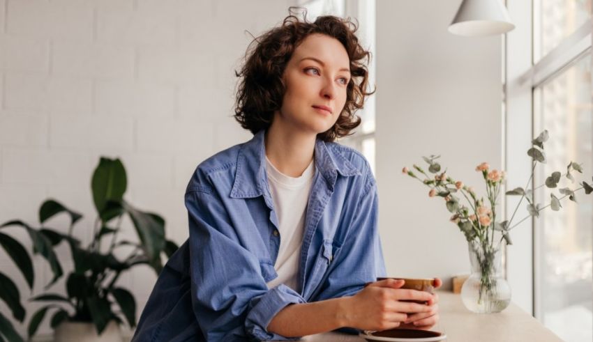 A woman sitting at a table with a cup of coffee.