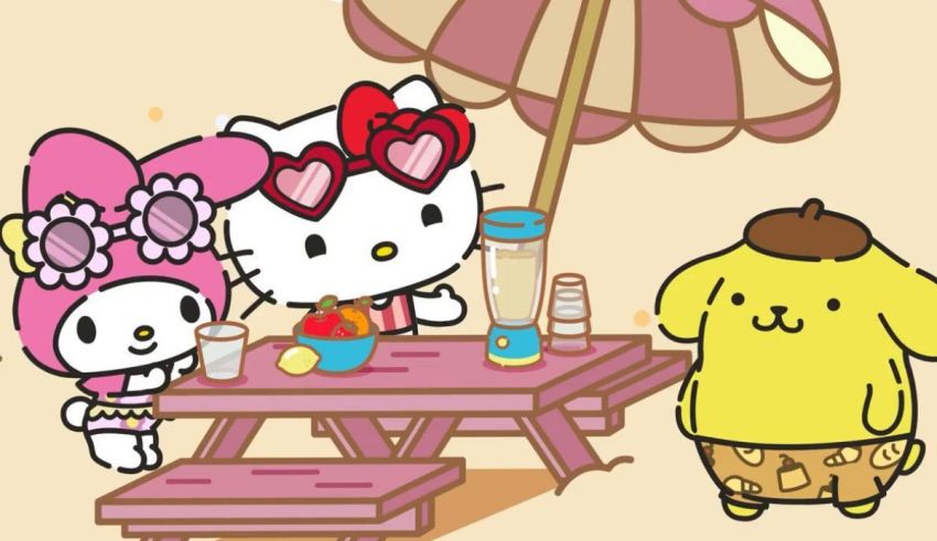 Hello kitty and her friends are sitting at a picnic table.