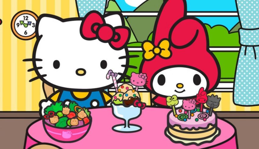 Hello kitty and her friends are sitting at a table.