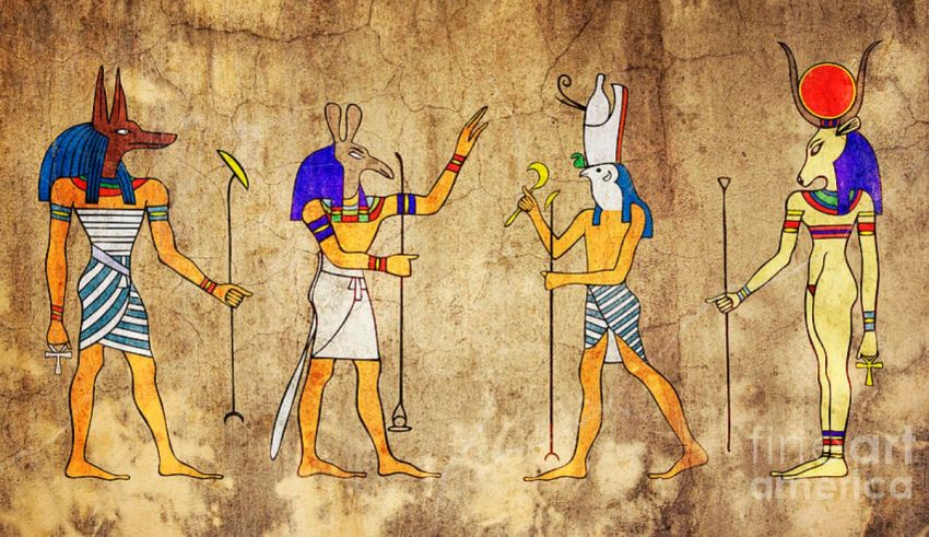 Four egyptian gods standing in front of each other.