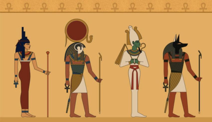 Four egyptian gods standing next to each other.