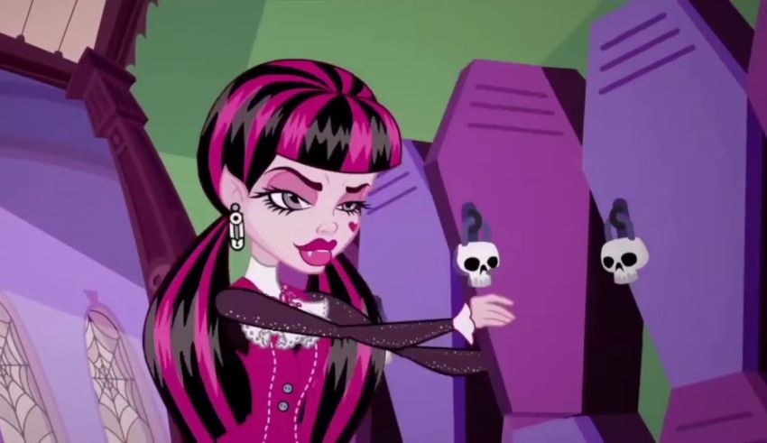 A girl in a purple dress is standing next to a bunch of skulls.