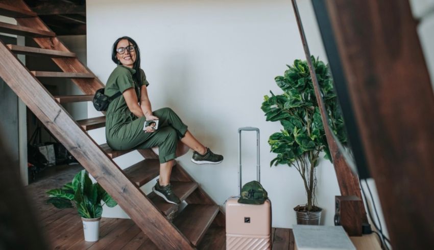 A woman sitting on the stairs of her home.
