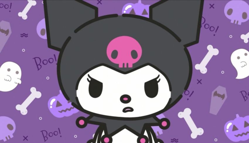 A cartoon cat in a halloween costume with skulls and skeletons on a purple background.