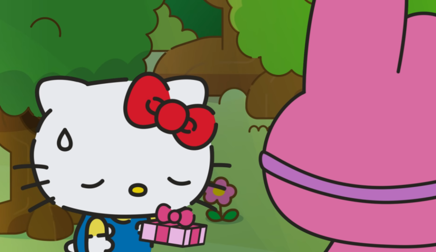 Hello kitty in the forest with a pink bunny.