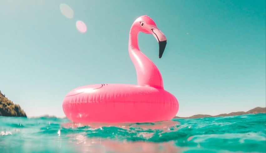 A pink flamingo floating in the ocean.