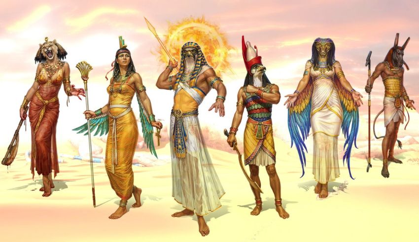 A group of egyptian characters standing in front of a sun.
