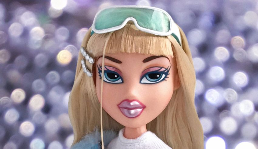 A barbie doll with goggles on her face.