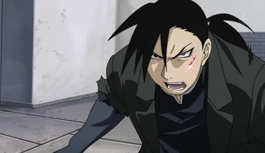 An anime character with black hair and a black jacket.