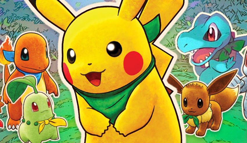 A group of pokemon characters in a forest.