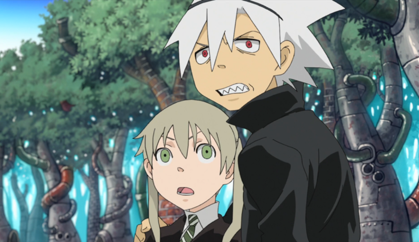 Two anime characters standing in a wooded area.