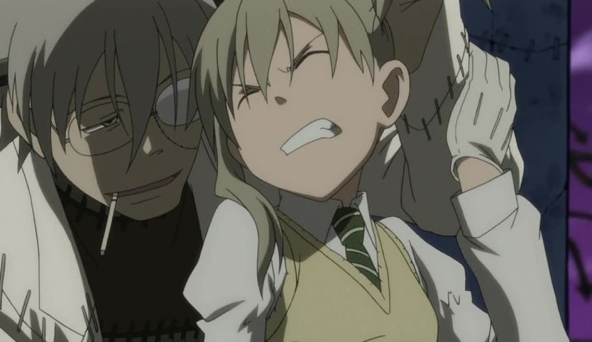 Two anime characters are hugging each other.