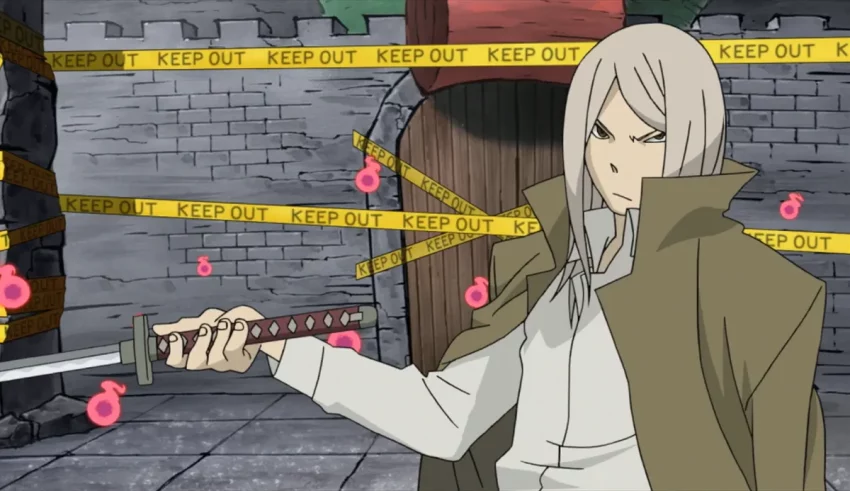 An anime character holding a sword in front of a wall.