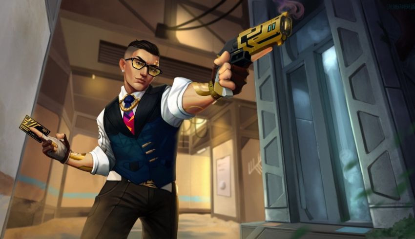 A man in a suit and tie holding a gun.