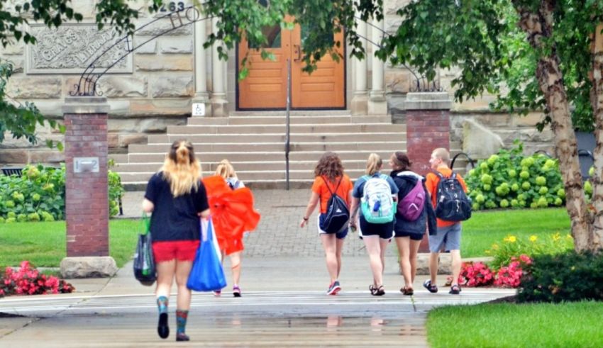 A group of students walking down a sidewalk in front of a building.