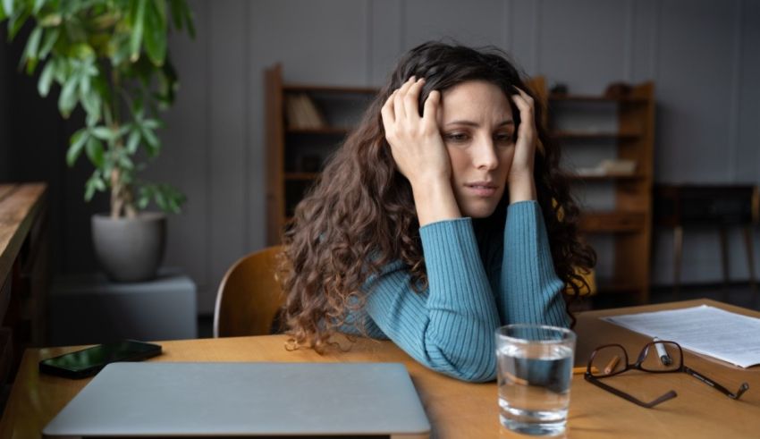 A woman is sitting at a desk with a laptop and a glass of water.