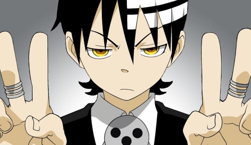 A boy with black hair and black eyes is making a peace sign.