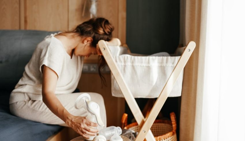 A woman is sitting on a bed with a baby in her arms.