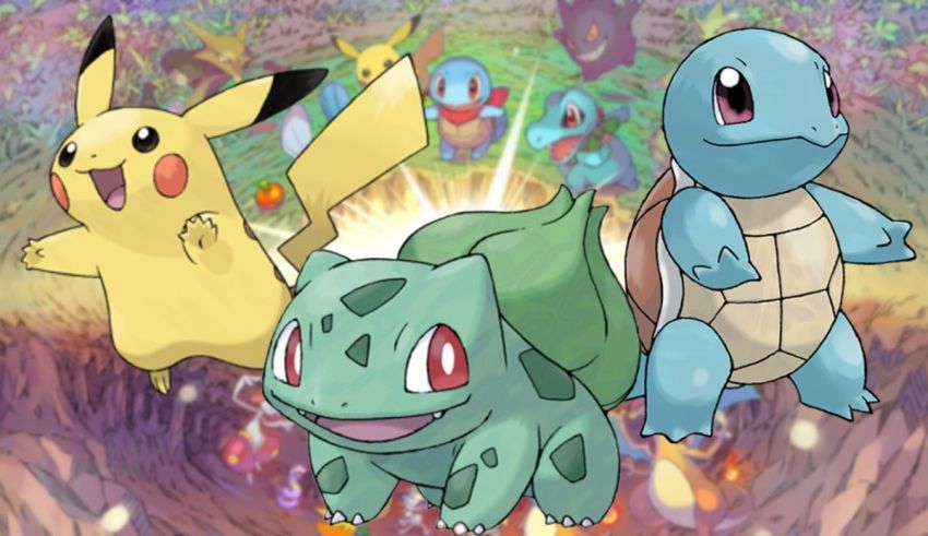 A group of pokemon characters in a forest.
