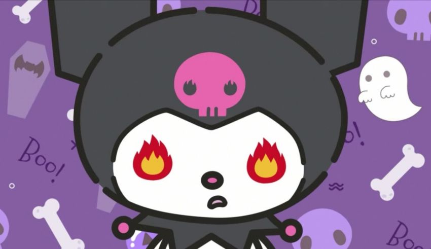 A cartoon character in a halloween costume with skeletons and skulls.