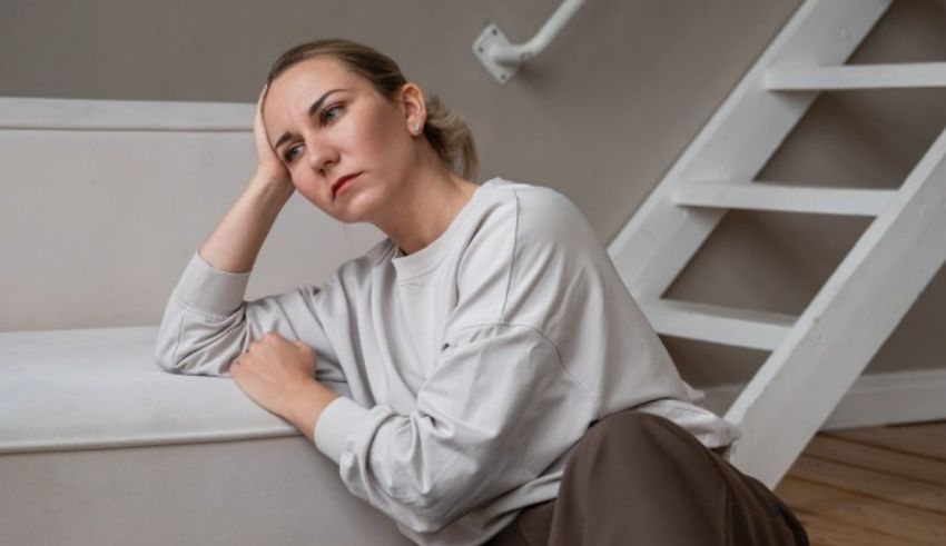 A woman is sitting on the stairs in front of a house.