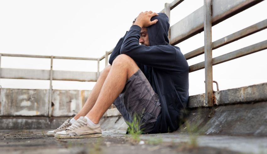 A man in a hoodie sitting on the edge of a building.