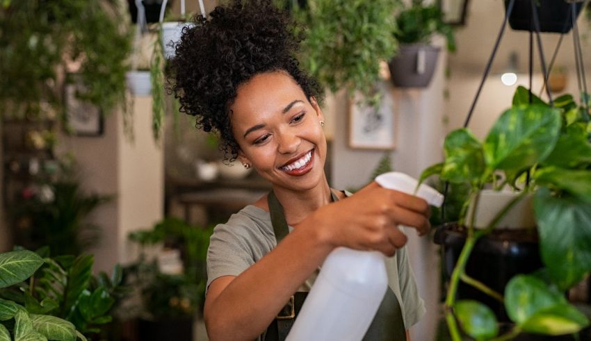 A woman is watering a plant in a greenhouse.