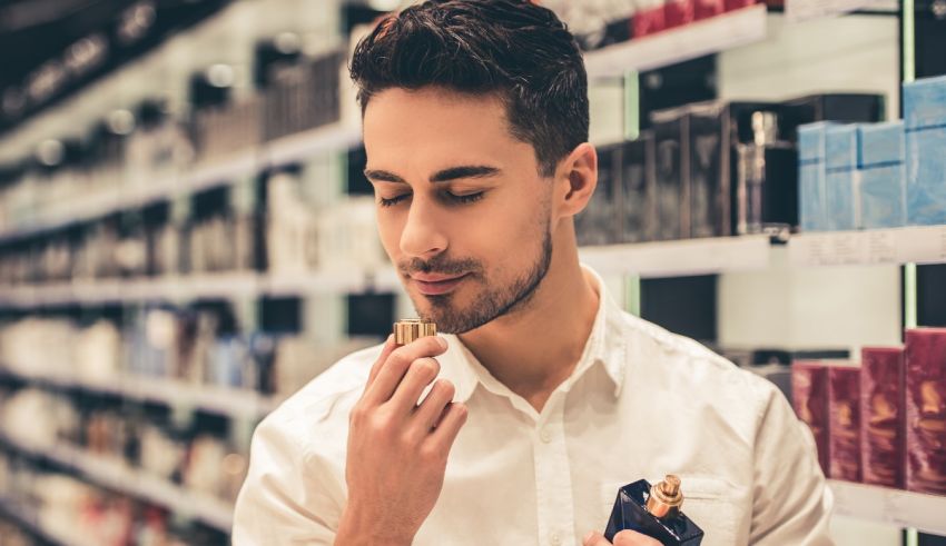 A man looking at a perfume bottle in a store.