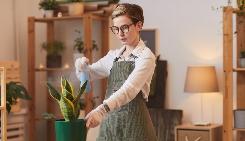 A woman in an apron is spraying a potted plant.