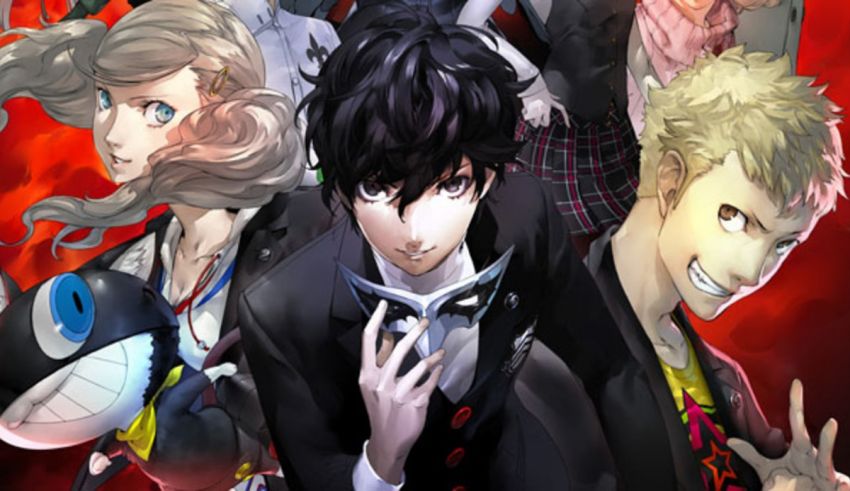 A group of persona characters posing in front of a red background.