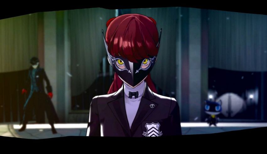 A woman in a suit and mask standing in front of a group of people.