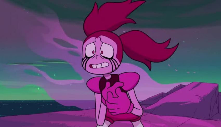A cartoon character with pink hair standing on a rock.