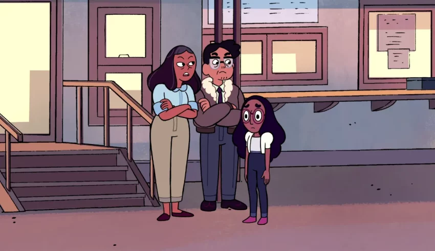 A cartoon of a family standing in front of stairs.