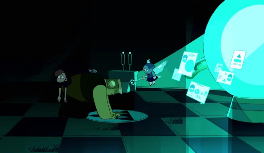 A cartoon character is standing in front of a green light.