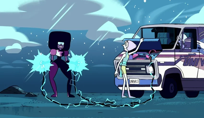 A cartoon character is standing next to a van.