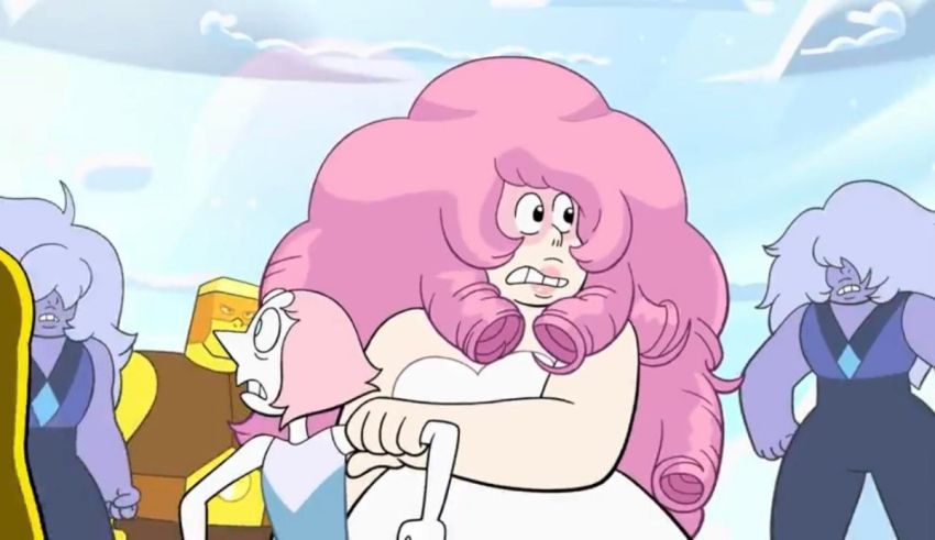 A cartoon of a girl with pink hair in front of a group of people.