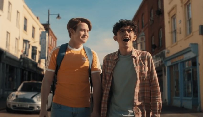 Two young men standing in a city street.