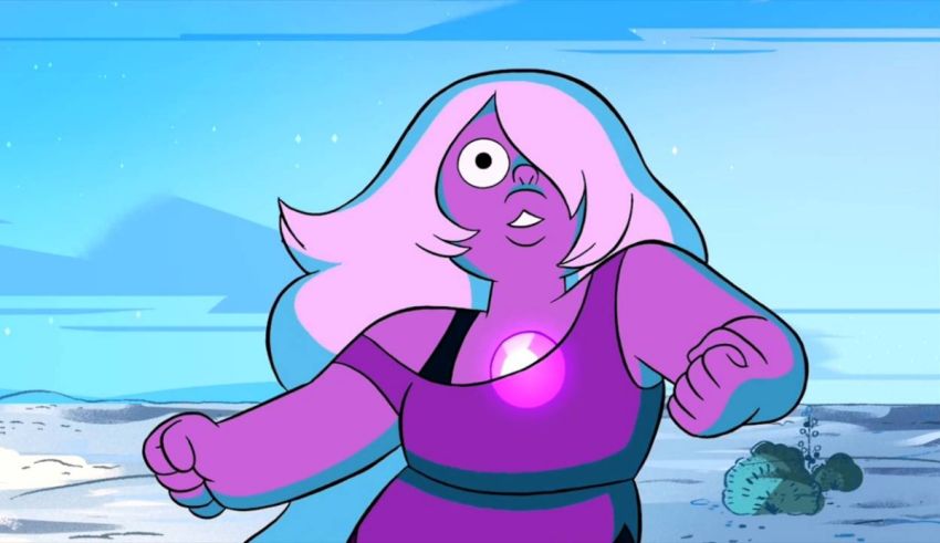 A cartoon character in a purple dress is standing in the snow.