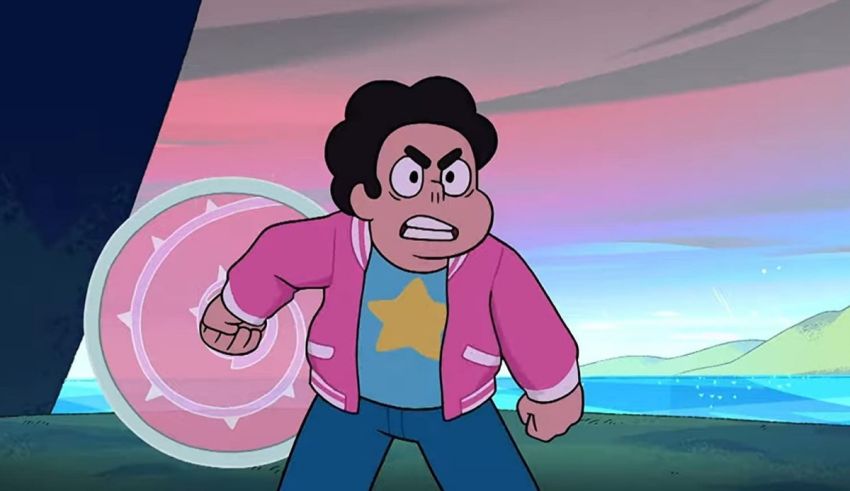 A cartoon character with a shield in front of him.