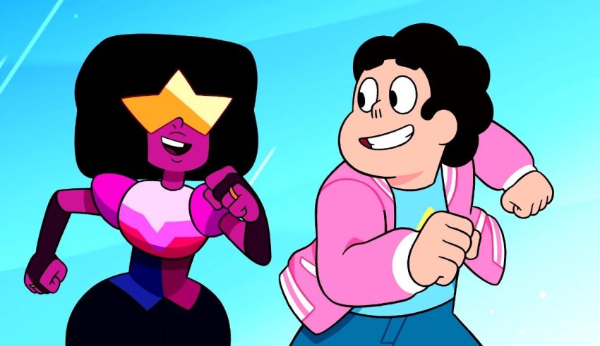 A cartoon character is running with a girl in a pink dress.
