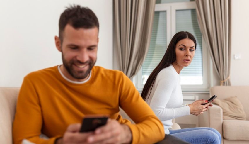 A man and woman sitting on a couch looking at their cell phones.
