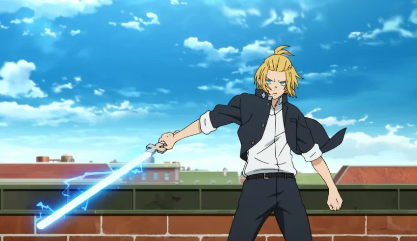 An anime character holding a sword in front of a brick wall.