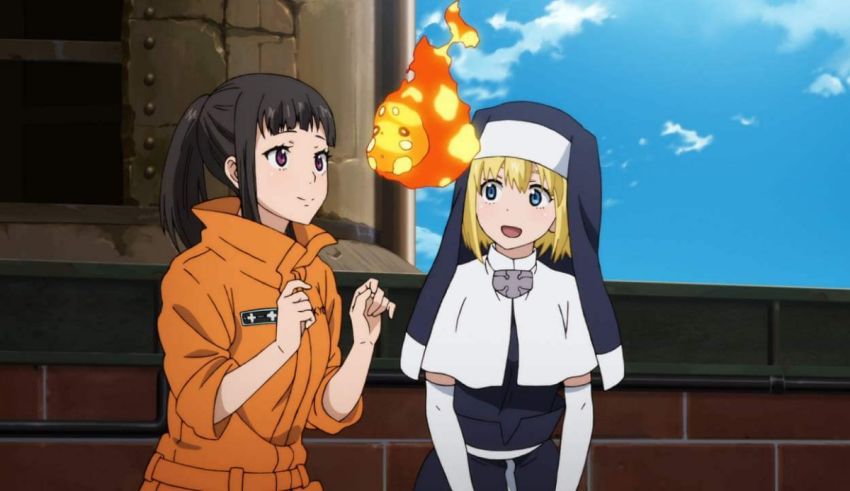 Two anime characters standing next to each other.