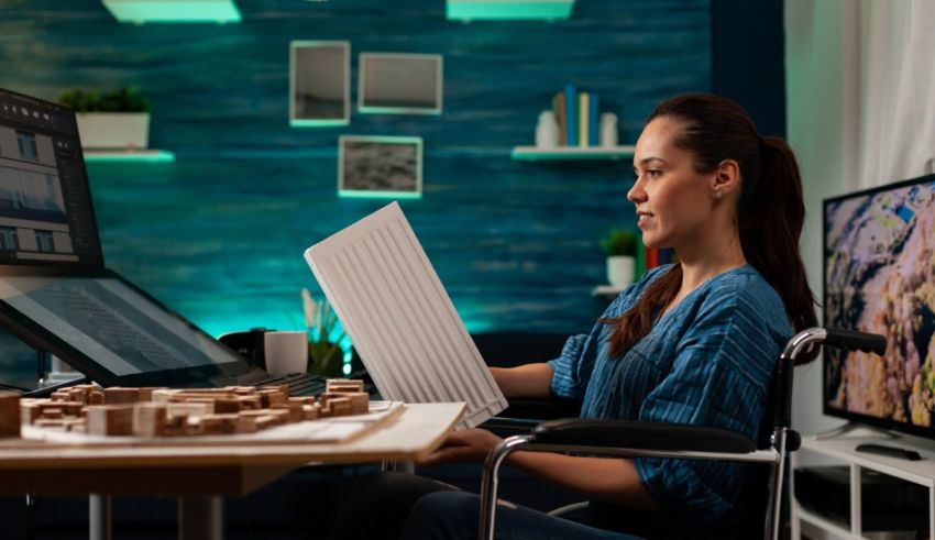 A woman in a wheelchair reading a book in front of a computer.